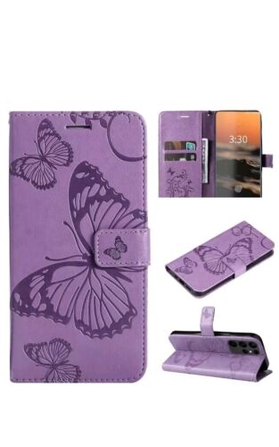 For iPhone 13 Patterns Stand Leather Wallet Phone Case Cover Purple Butterfly 